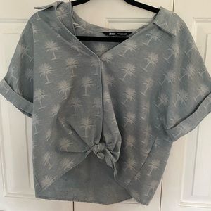 Zara Palm Tree Print Short Sleeve Button Down Top